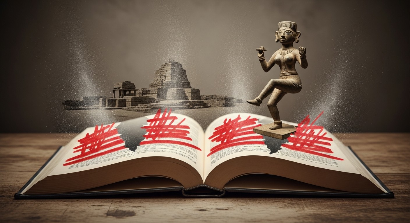 An open history textbook with pages struck through in red as Indus Valley ruins dissolve into dust