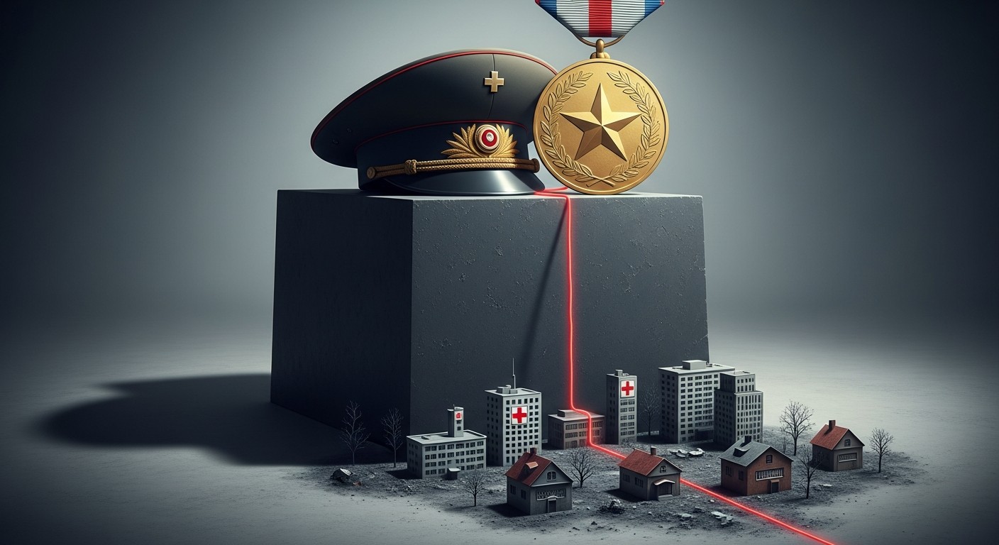 A general's cap and gold medal on a black pedestal casting a shadow over a shrunken city of hospitals and homes, a blood-red thread feeding from the city into the medal