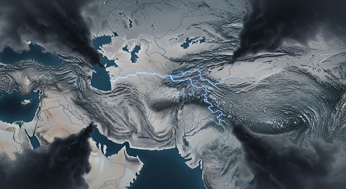 Aerial relief map of northwestern South Asia with four storm fronts converging on a single luminous river